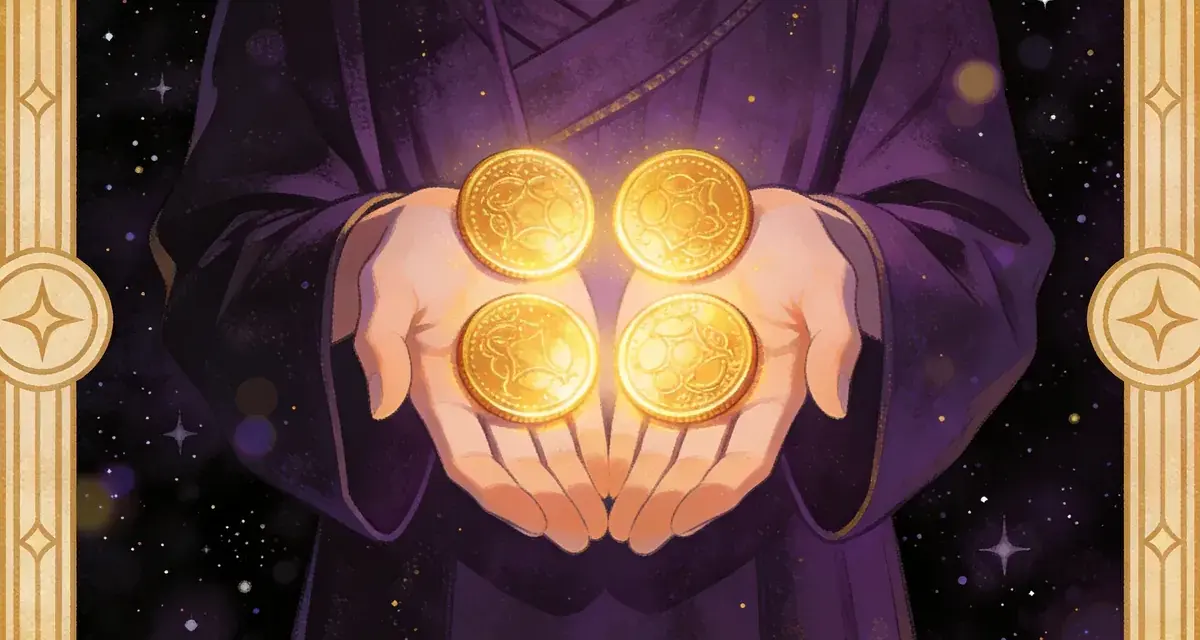 Dłonie trzymają cztery złote monety, symbolizujące paź monet tarot. Tło to nocne niebo pełne gwiazd.