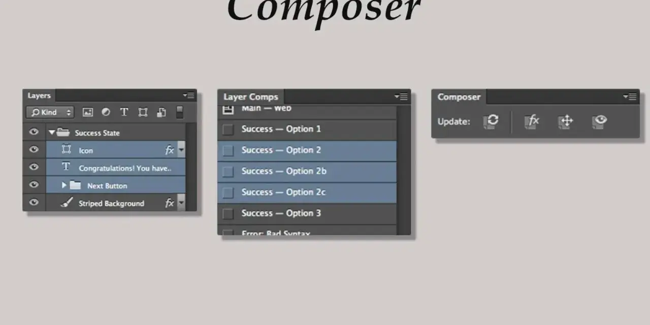 Panel "Composer" z wtyczkami do Photoshop, pokazujący warstwy, kompozycje warstw i opcje aktualizacji.