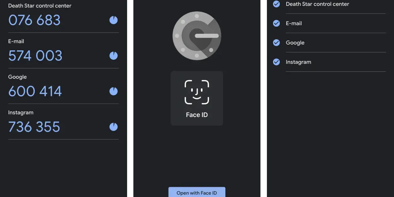 Aplikacja authenticator pokazuje kody do logowania: Death Star control center, E-mail, Google, Instagram.