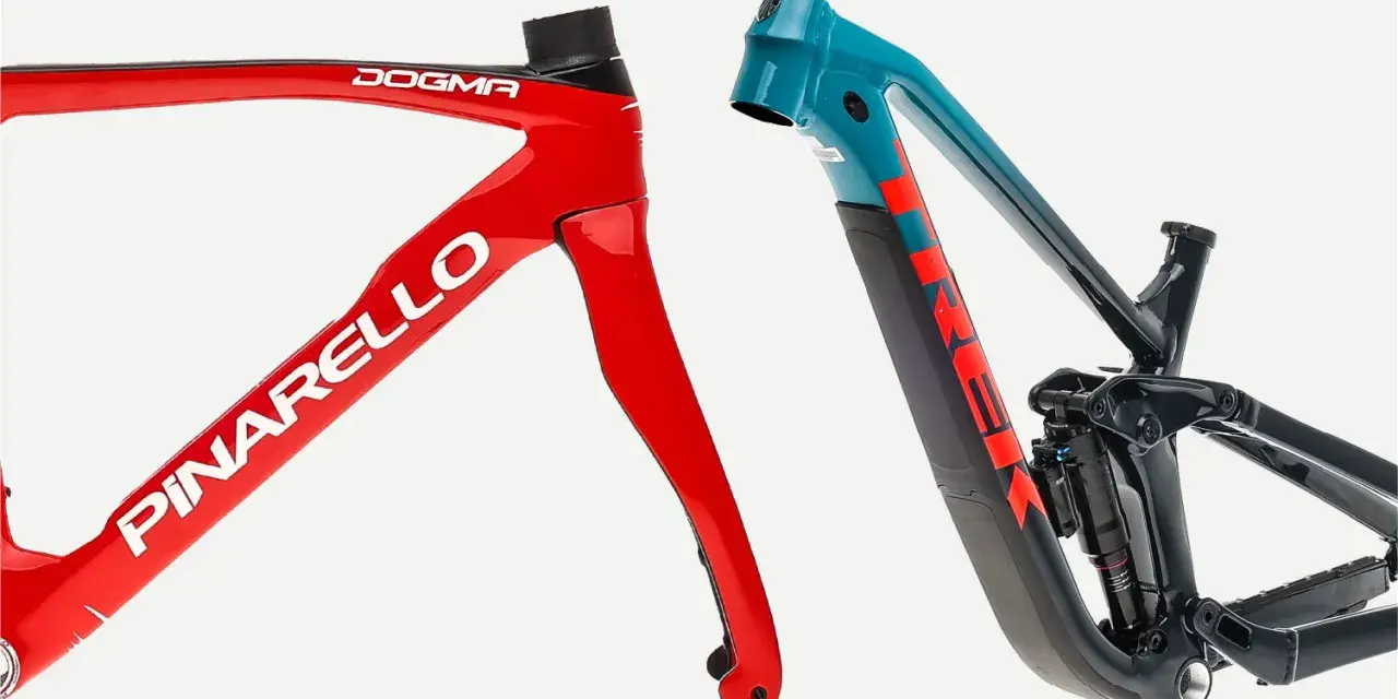 Red Pinarello carbon frame vs. teal Trek mountain bike frame.