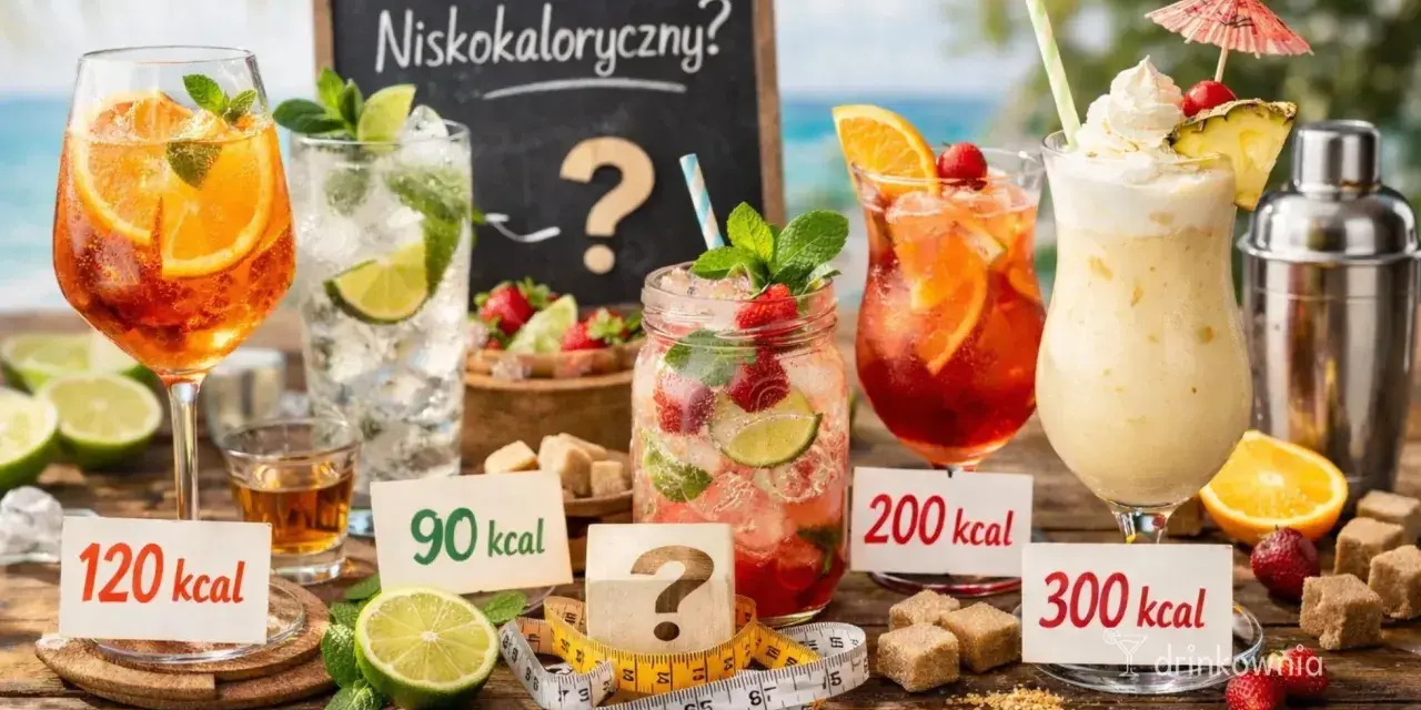 Kolorowe drinki z owocami i miętą, z etykietami kaloryczności. Czy to niskokaloryczny pornstar martini?