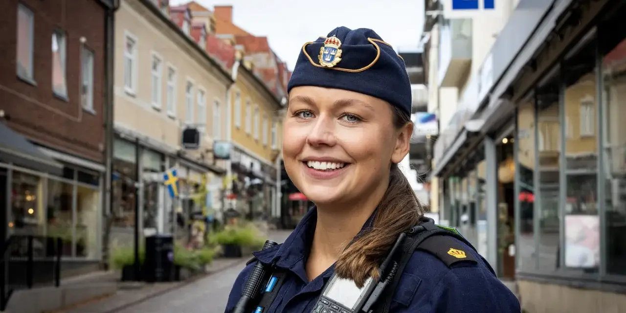 En ung poliskvinna ler mot kameran på en gata i Sverige. Hon bär uniform och utrustning, redo att rycka ut om larmet går.