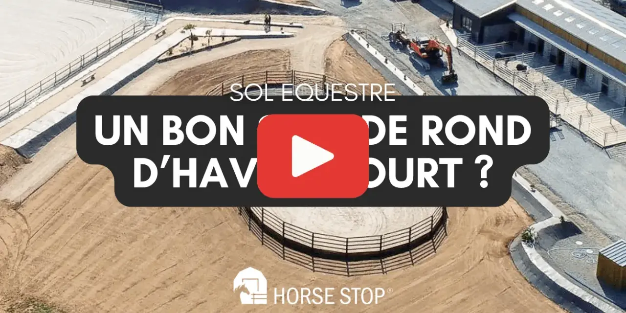 Vue aérienne d'une carrière équestre avec un sol en sable. Le texte "SOL EQUESTRE" et "UN BON D'HAVRE POUR COURT ?" est superposé.