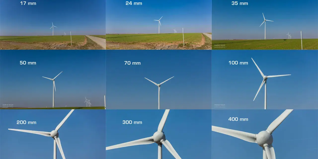 Comparaison de la distance focale sur des éoliennes : de 17 mm à 400 mm, l'effet de zoom change la perspective.