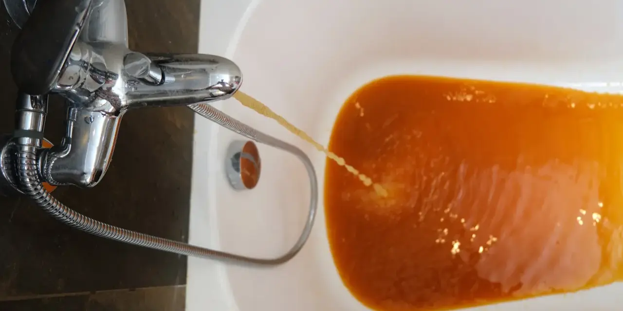 Rubinetto che eroga acqua troppo calda, di colore arancione, nella vasca da bagno.