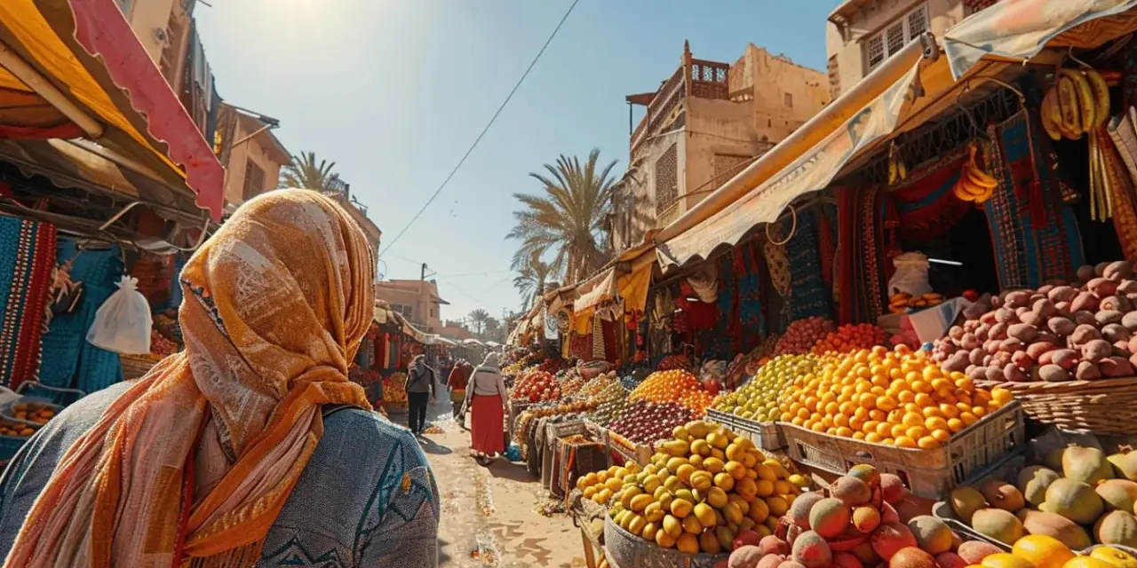Photographie de voyage d'un marché animé, rempli de fruits colorés et de tissus. Une femme voilée observe la scène.