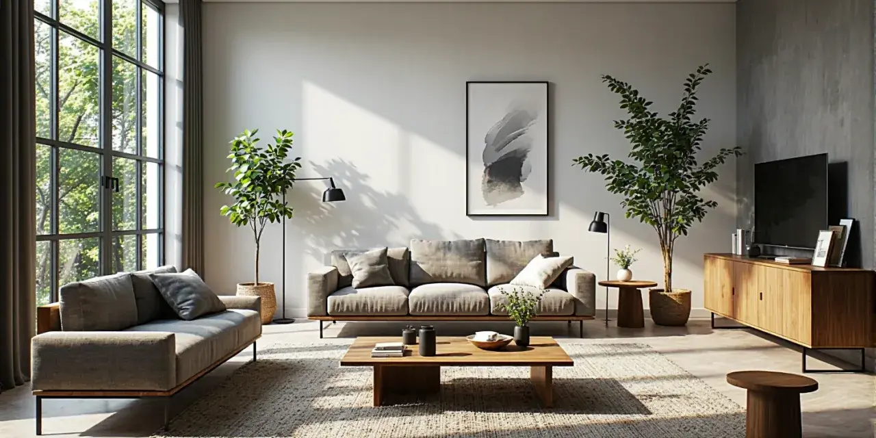 Nowoczesny salon z szarymi sofami, drewnianym stolikiem i dywanem. Inspiracja dla miłośników **upcyklingu** i ekologicznego designu.