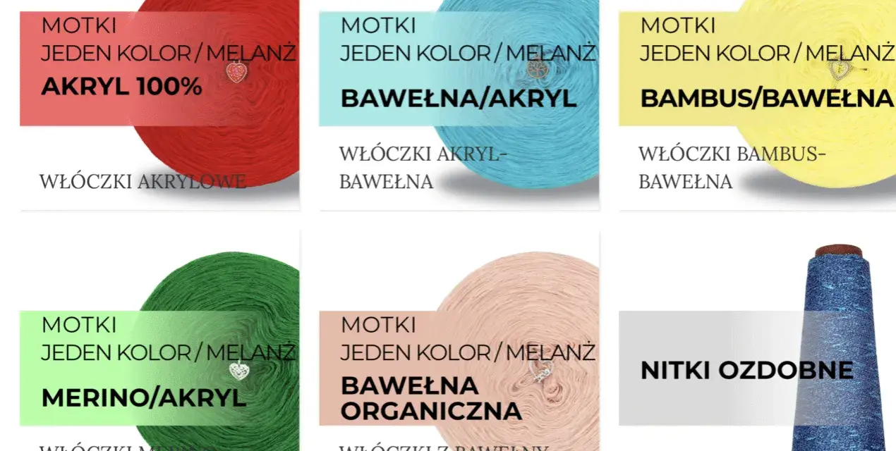 Sześć motków włóczki: akrylowej, bawełnianej, bambusowej, merino, bawełny organicznej i ozdobnych nitek. Idealne do szydełkowania, np. szydełko prym.