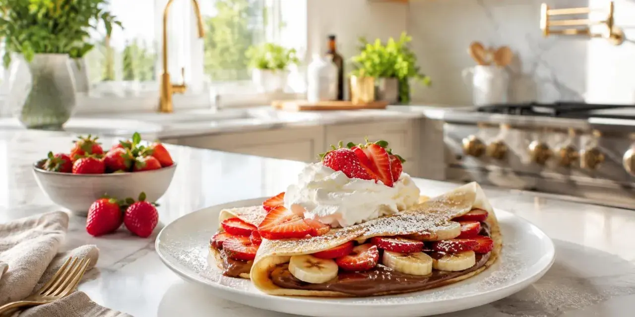 Crepe doblada con fresas, plátano y nata, perfecta para una receta crepes para 2. Espolvoreada con azúcar glas.