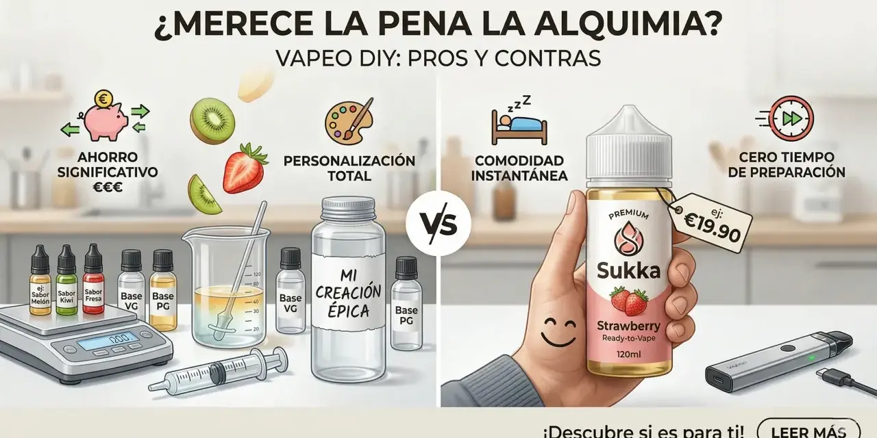 Vapeo DIY vs. listo para usar: ahorra dinero y personaliza tus mezclas, o disfruta de la comodidad instantánea. Considera los beneficios de la nicotina.