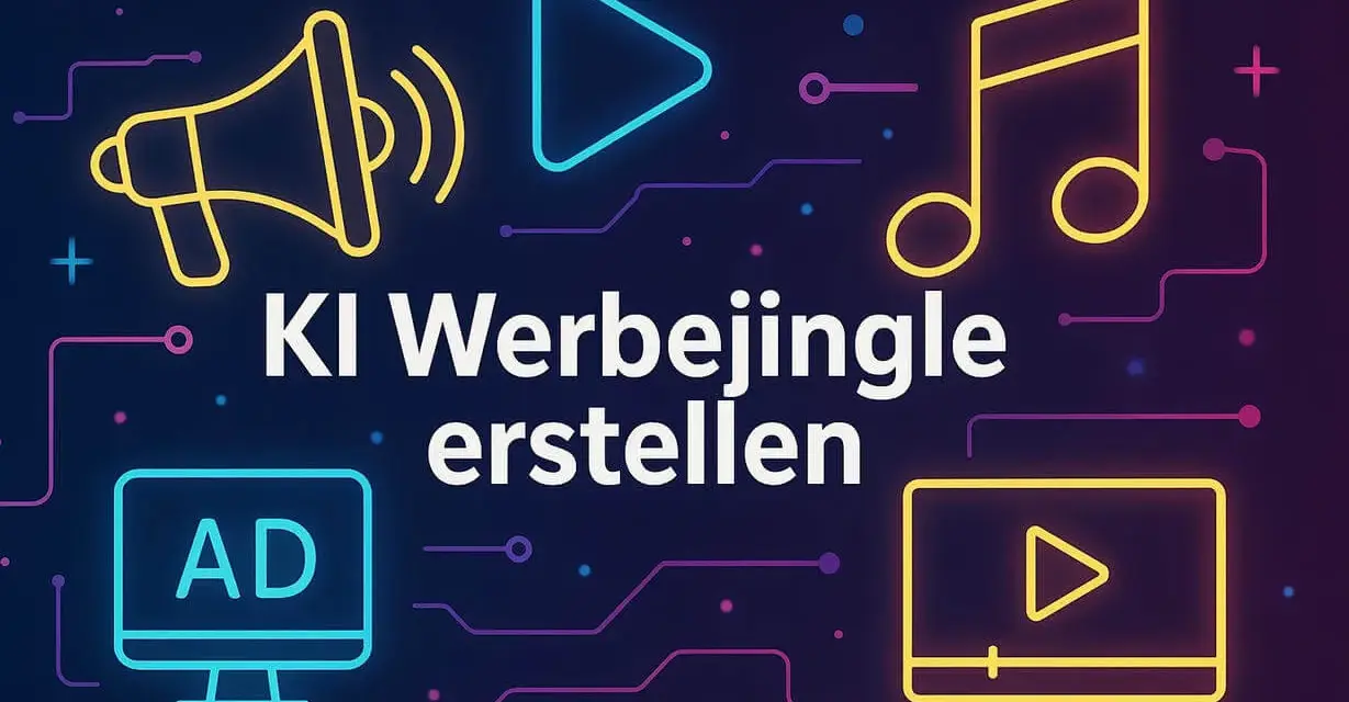 KI-gestützte Erstellung von Musik für Werbung. Icons für Megafon, Play-Button, Noten und Bildschirm mit "AD" zeigen die Möglichkeiten.