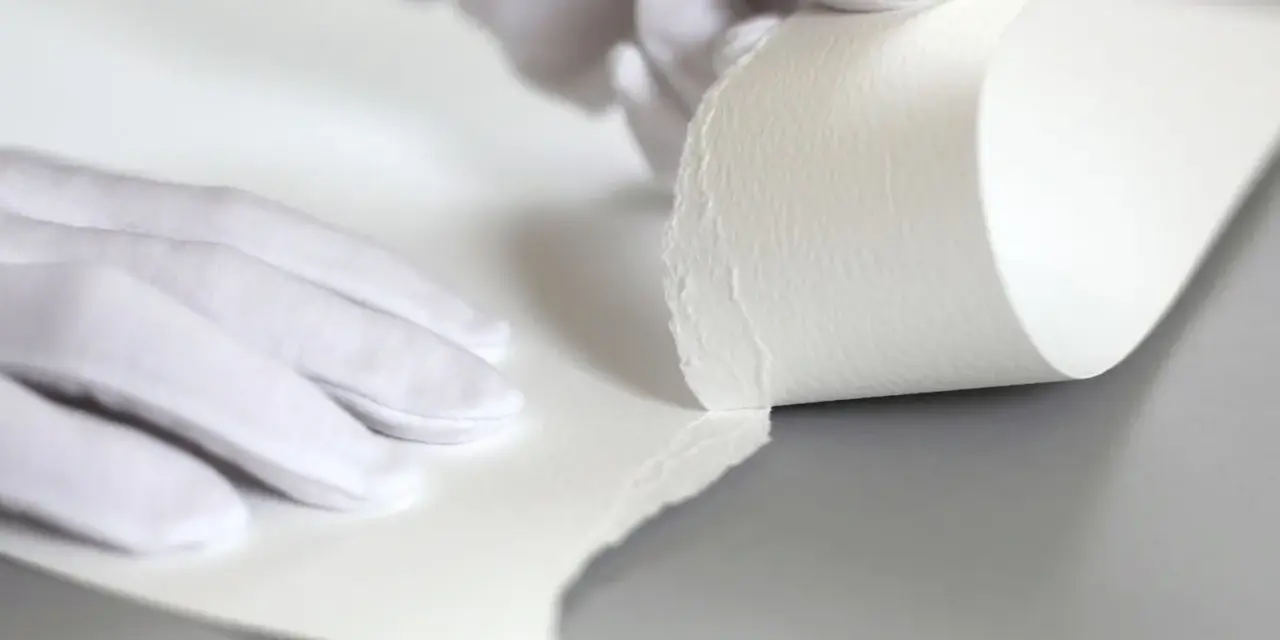 Manos enguantadas manipulan papel texturizado, mostrando su grosor. Esto ayuda a entender qué es el gramaje.