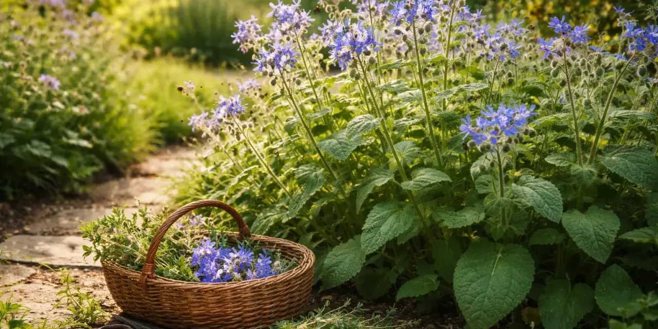 Ein Korb mit frisch geschnittenen Kräutern und blauen Blüten, darunter ein zarter borretsch keimling, liegt neben einer Gartenschere auf einem Steinweg.