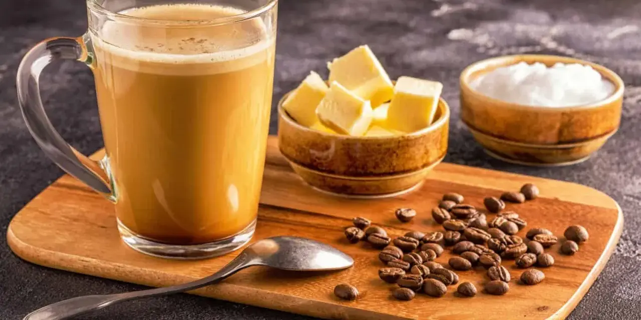 Ein Glas Bulletproof Coffee mit Butterwürfeln, Kokosöl und Kaffeebohnen auf einem Holzbrett.