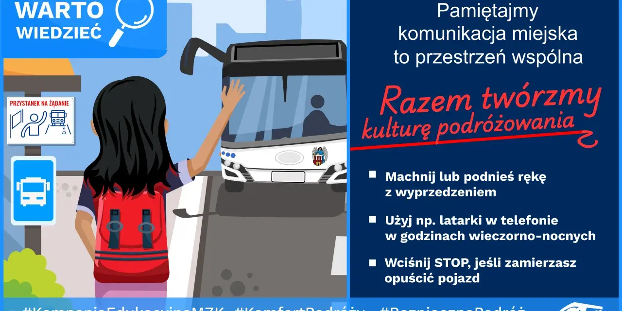 Dziewczyna z plecakiem czeka na autobus na przystanku na żądanie. Pamiętajmy o kulturze podróżowania komunikacją miejską.