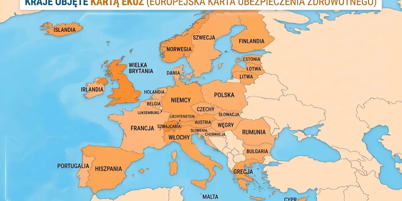 Mapa Europy z zaznaczonymi krajami objętymi EKUZ. Zastanawiasz się, jakie ubezpieczenie turystyczne wybrać? EKUZ to podstawa.