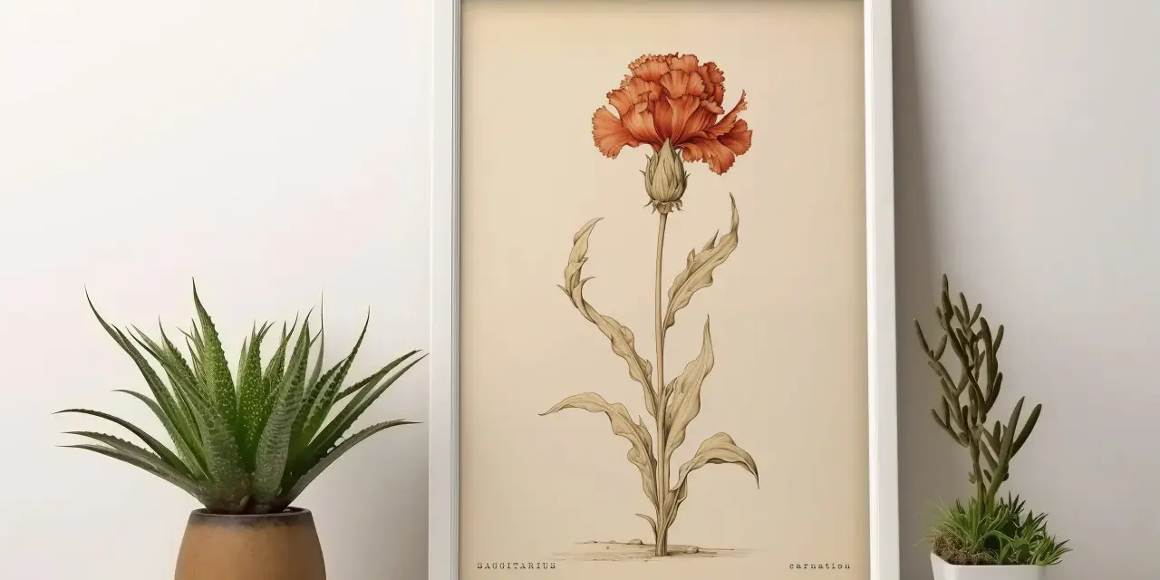 Ilustración botánica de una flor de sagitario, un clavel anaranjado, enmarcada.