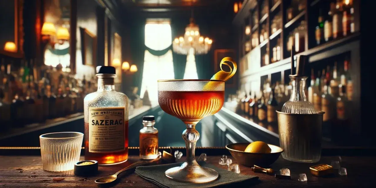 Klasyczny Sazerac w eleganckim kieliszku, obok butelka z etykietą Sazerac, lód i cytryna.