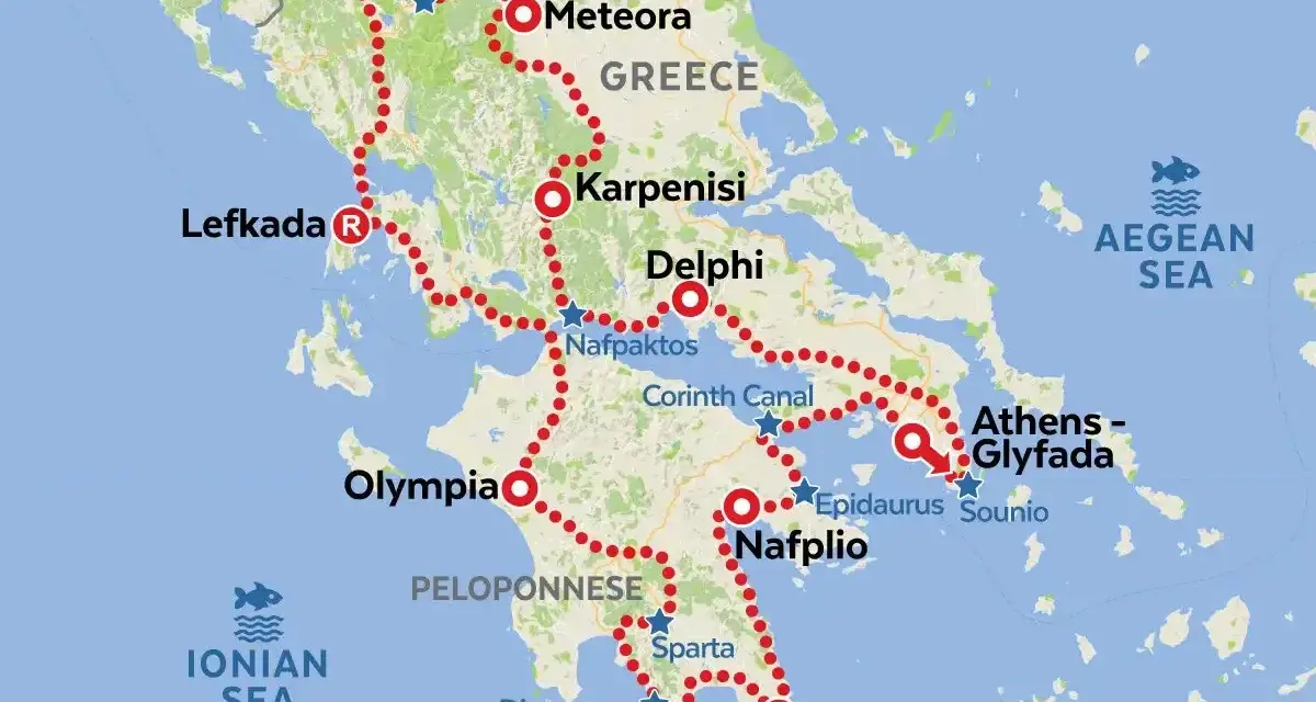 Trasa podróży samochodem do Grecji: od Albanii przez Meteory, Delfy, Ateny, Peloponez (Sparta, Mani) i powrót.