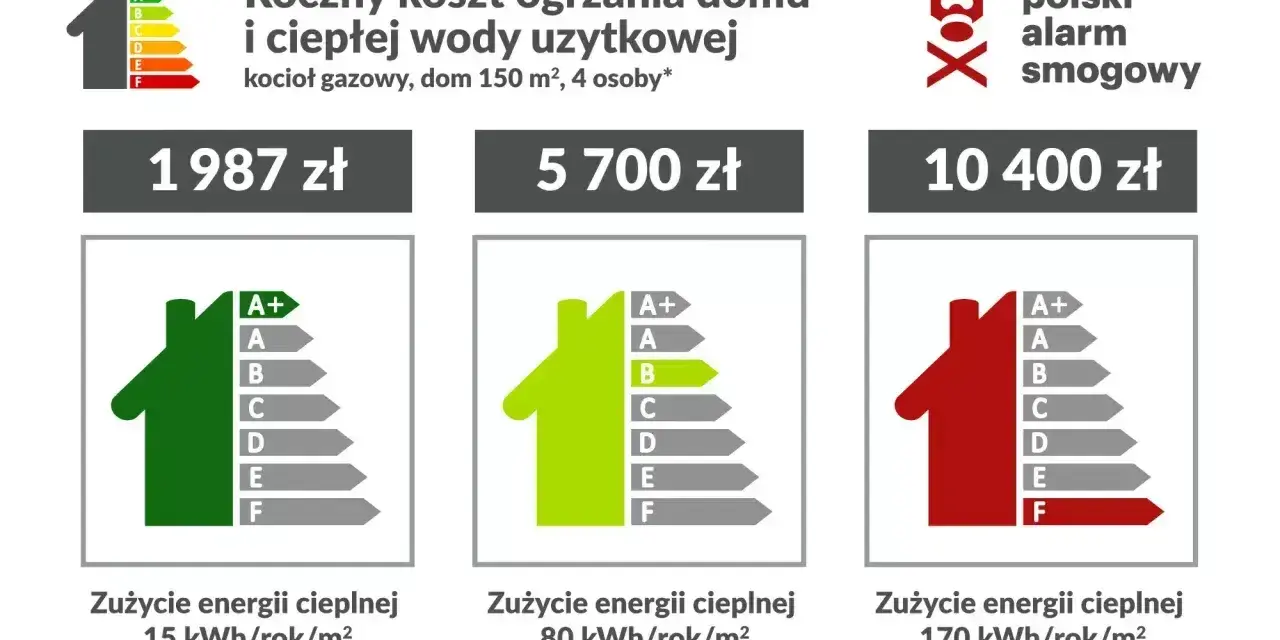 Przewidywane roczne zużycie energii elektrycznej w domu jednorodzinnym: 15, 80, 170 kWh/rok/m². Koszty ogrzewania od 1987 do 10400 zł.