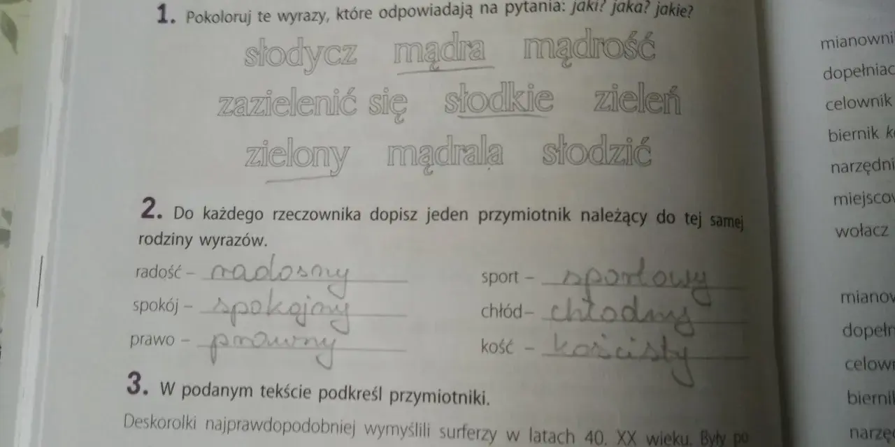 Przykłady przymiotników: mądra, słodkie, zielony. Ćwiczenia pomagają zrozumieć ich zastosowanie.