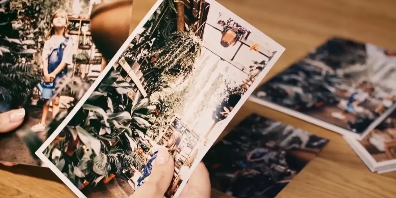 Dłonie trzymają zdjęcia, jedno z nich to dziewczynka z konewką, inne to rośliny. Jaki to format? 20x30.