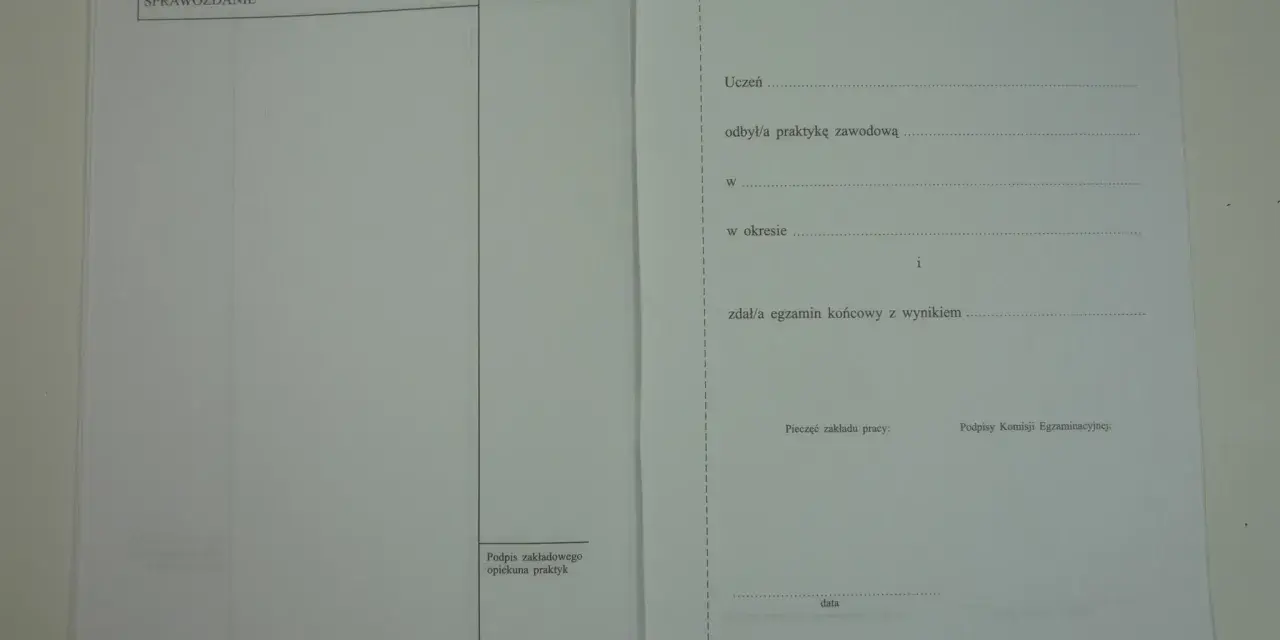 Formularz "Dziennik praktyki zawodowej jak wypełnić" zawiera sekcje na dane ucznia, przebieg praktyki i egzamin.