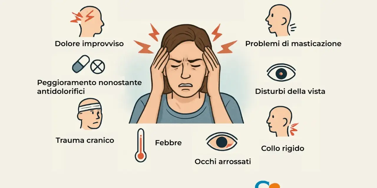 Illustrazione di sintomi associati a mal di testa e occhi: dolore improvviso, peggioramento con antidolorifici, problemi di masticazione, disturbi della vista, trauma cranico, febbre, collo rigido, occhi arrossati.