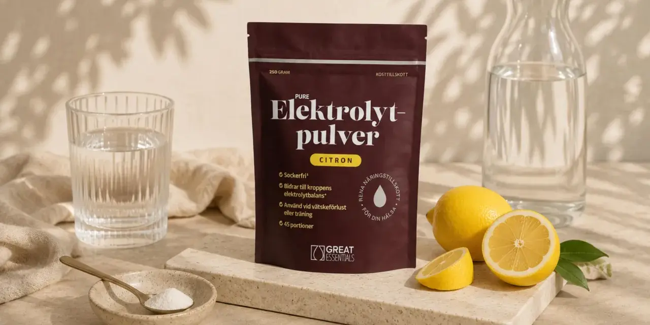 En påse elektrolytpulver med citronsmak, bredvid färska citroner, ett glas vatten och en skål med pulver. Selen finns i för att återställa vätskebalansen.