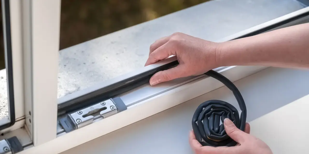 Hände legen eine neue Fensterdichtung an, um Zugluft zu vermeiden.