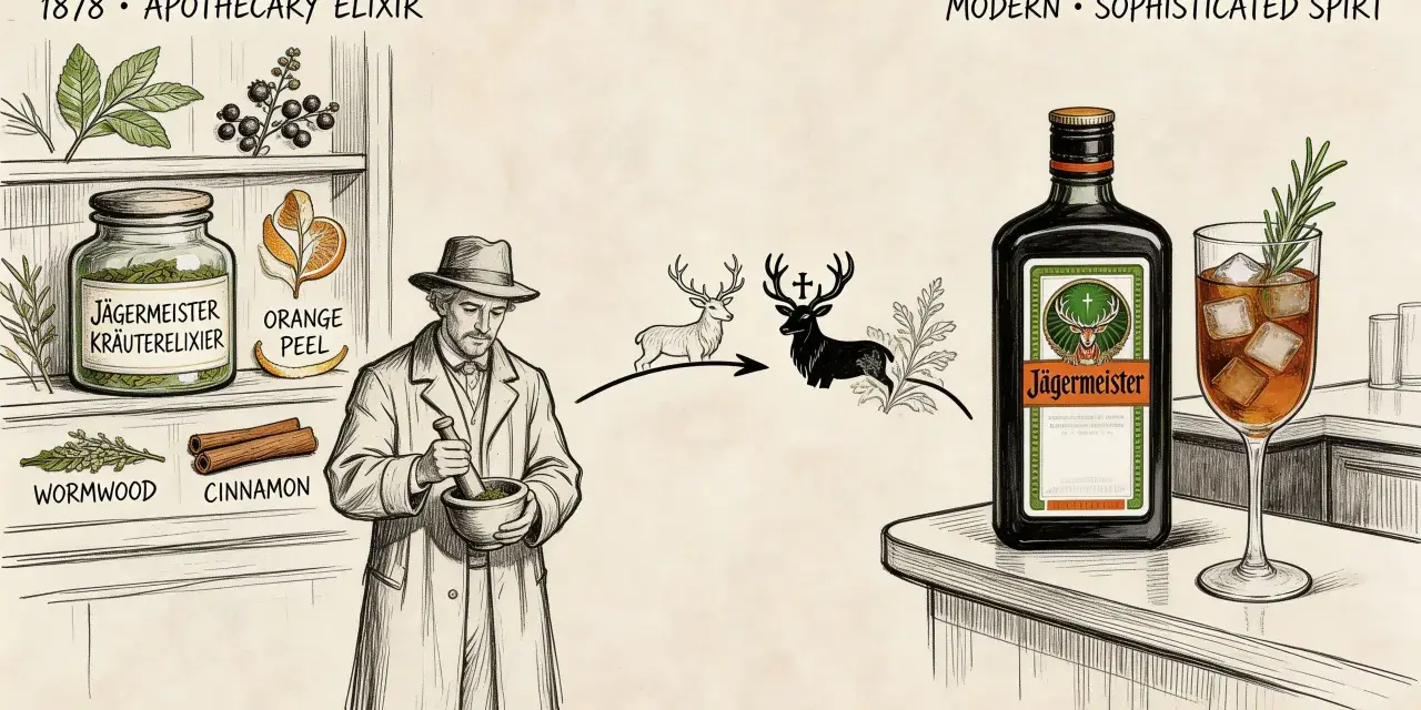 Ilustracja przedstawia ewolucję Jägermeistera: od aptekarza z ziołami do butelki i drinka z colą.