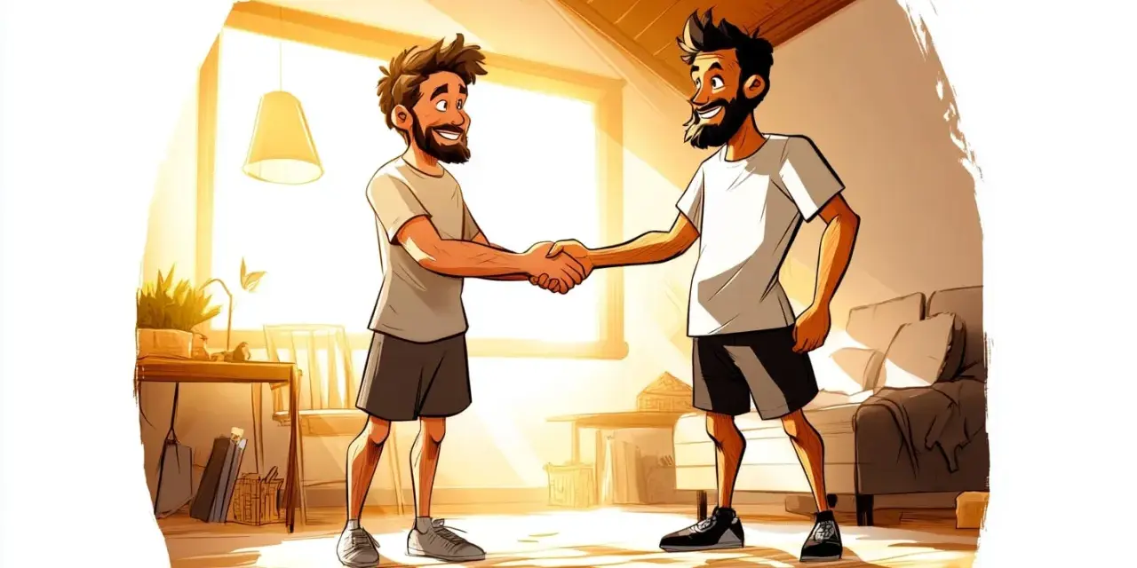 Zwei Männer mit Bärten schütteln sich die Hände. Ein Mann trägt ein hellgraues T-Shirt und dunkle Shorts, der andere ein weißes T-Shirt und dunkle Shorts. Sie stehen in einem hellen Raum mit einem Fenster und einem Sofa. Phlm 1:3.