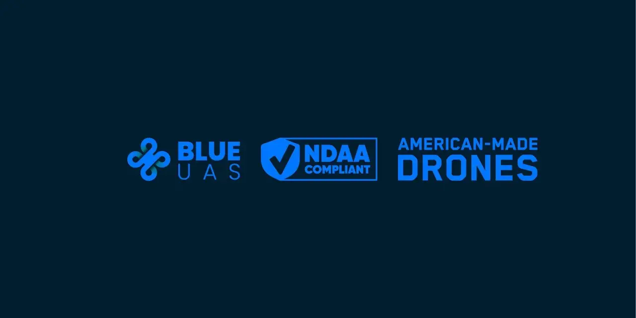 Blue UAS logo with NDAA compliant badge and "American-Made Drones" text.