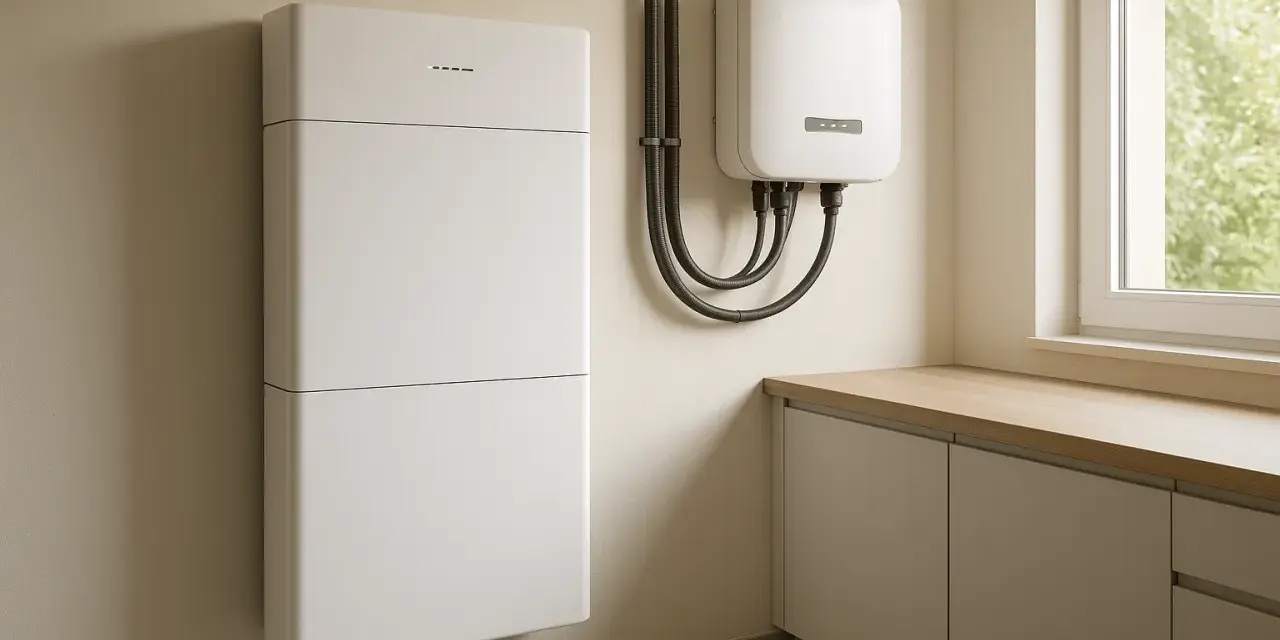 Nowoczesny magazyn energii do domu, biały, modułowy, zamontowany na ścianie obok falownika.