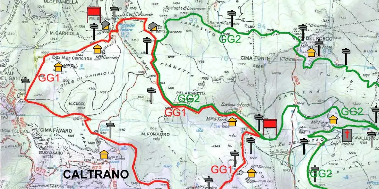 Mappa sentieri con percorsi GG1 e GG2, ideale per un giro malghe Caltrano. Segnalati rifugi e cime.