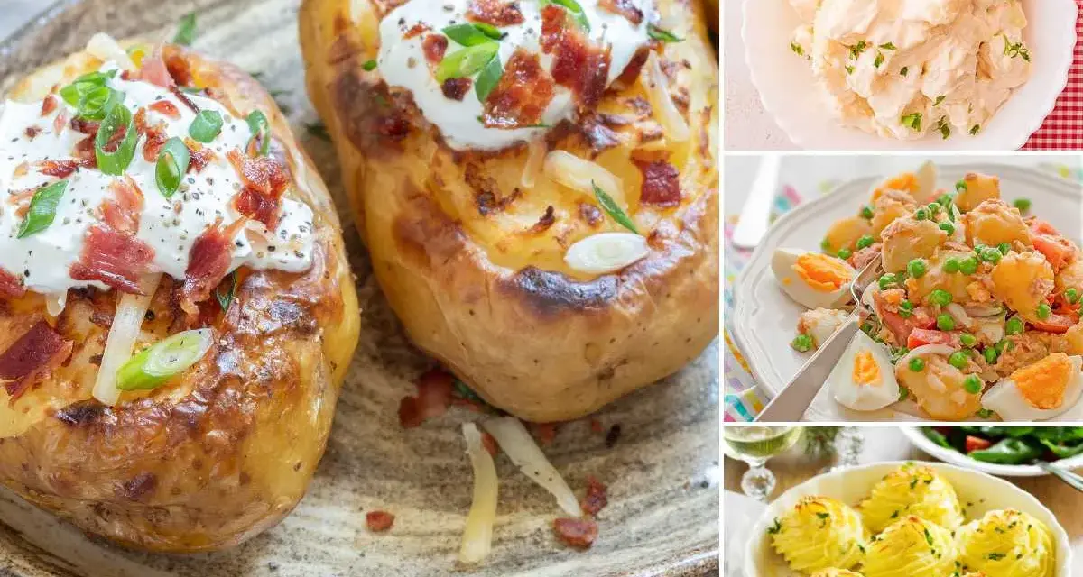 Variedad de patatas cocidas recetas: patatas asadas con bacon y crema, ensalada de patatas con huevo y guisantes, y puré de patatas en forma de rosetas.