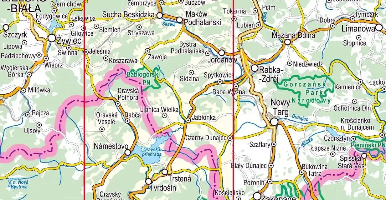Mapa szlaków turystycznych wokół Babiej Góry, z zaznaczonymi miejscowościami i parkami narodowymi.