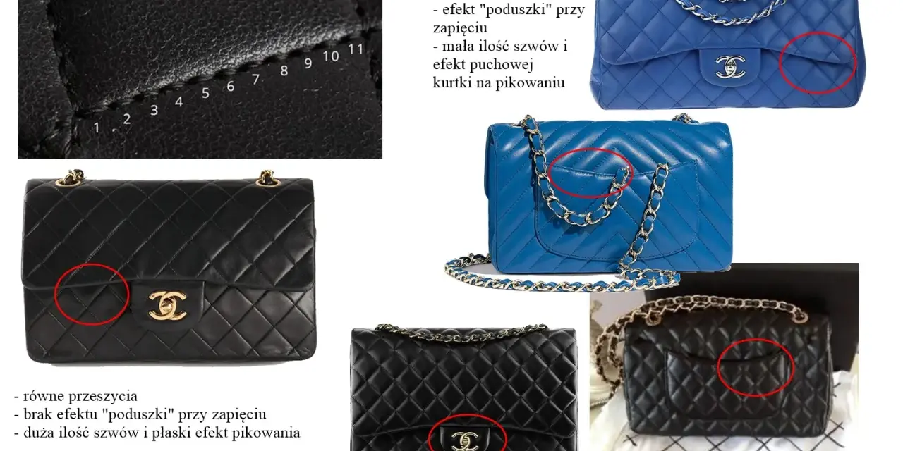 Porównanie oryginalnych i podrabianych torebek Chanel. Detale pikowania i zapięć pokazują różnice między oryginałami a replikami coco chanel torebki.