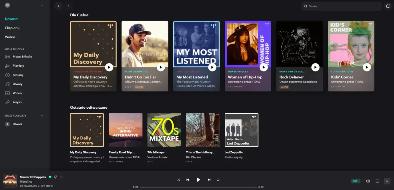 Okładki albumów i playlist w aplikacji TIDAL: My Daily Discovery, Conner Smith, My Most Listened, Women of Hip-Hop, Rock Believer, Kids' Corner.