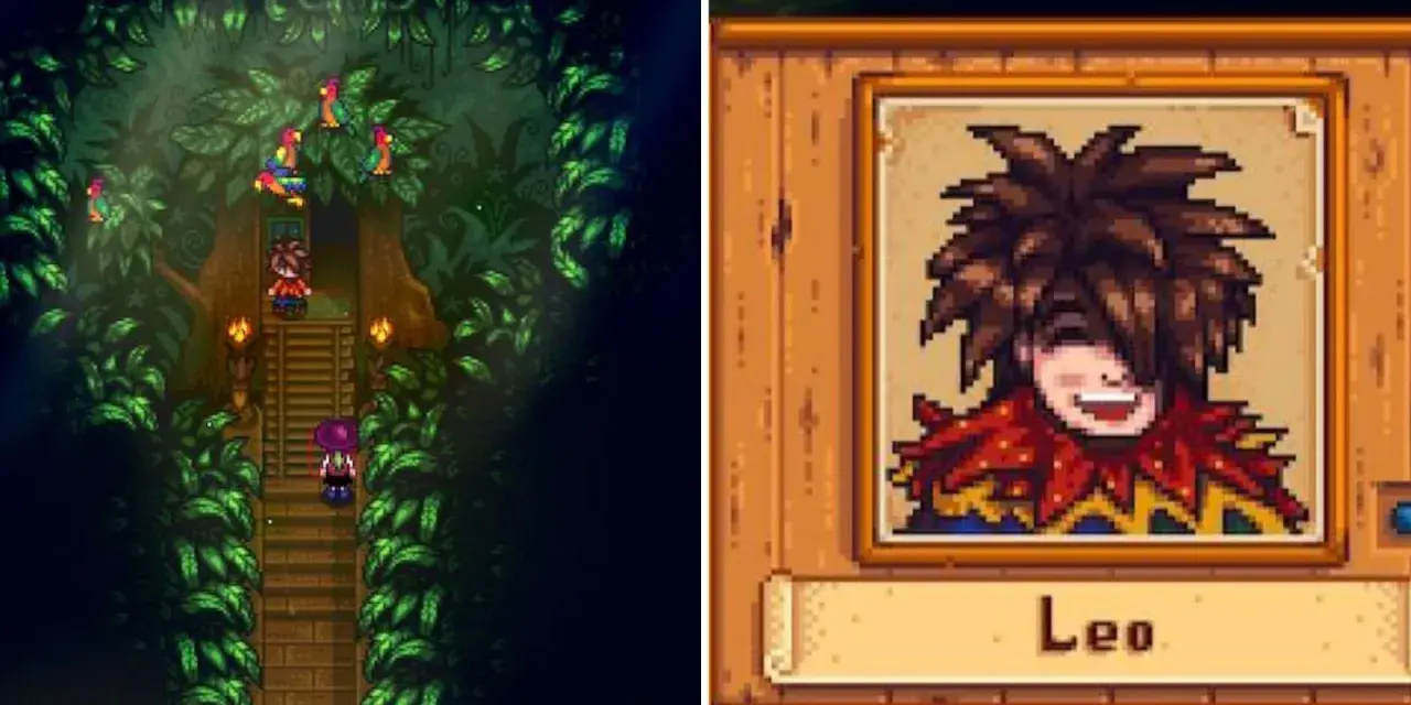 Encuentra a Leo en Stardew Valley, rodeado de loros en un árbol frondoso. A su lado, su retrato pixelado con una sonrisa traviesa.