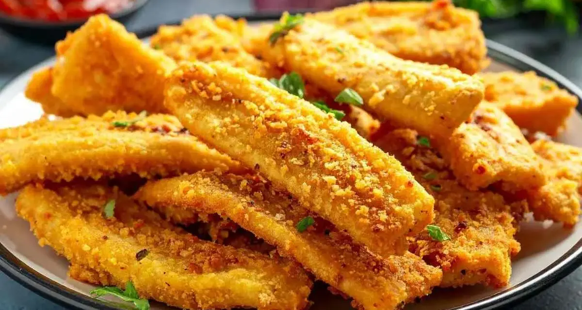 Bastoncini croccanti di zucchine in friggitrice ad aria, dorati e saporiti, guarniti con prezzemolo fresco.