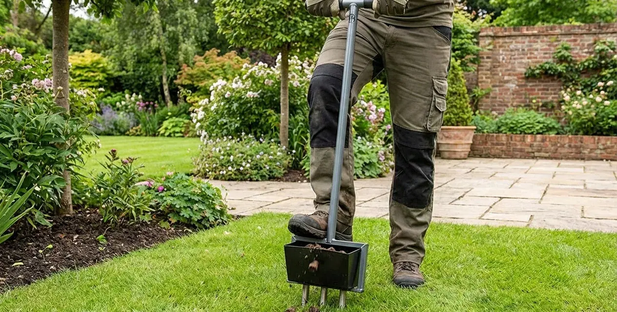 Gartenarbeit nach dem Winter: Ein Mann belüftet den Rasen mit einem speziellen Werkzeug, um ihn für die neue Saison vorzubereiten.
