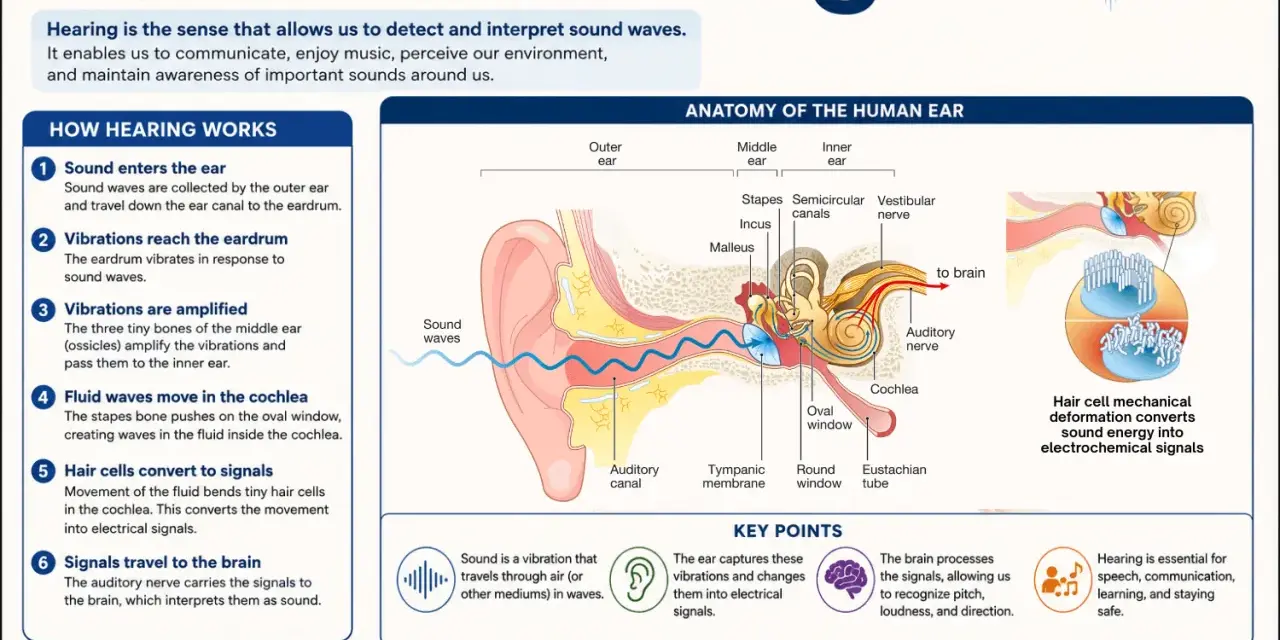 Le son est une vibration qui voyage dans l'air. L'image explique qu'est ce que le son et comment l'oreille le capte et le transmet au cerveau.