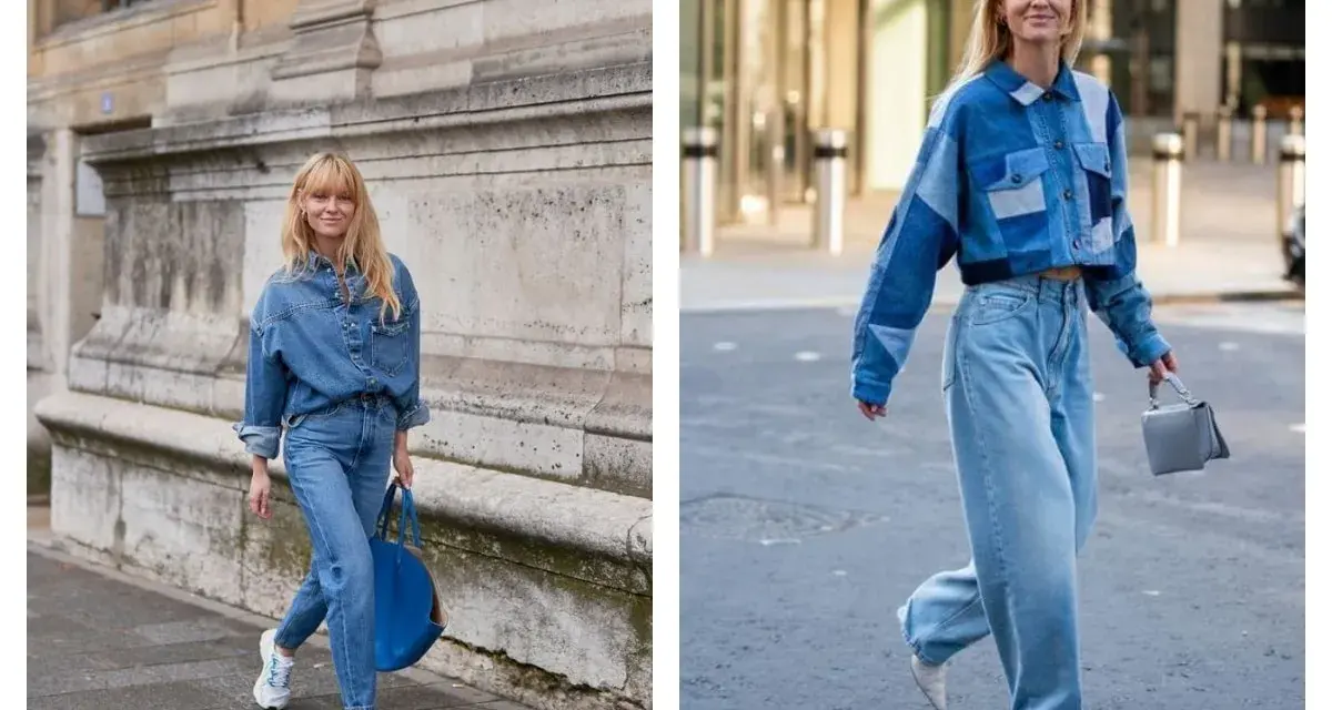 Deux femmes adoptent un look total denim, rappelant le style années 80. L'une porte une chemise oversize et un jean, l'autre une veste courte patchwork et un jean large.