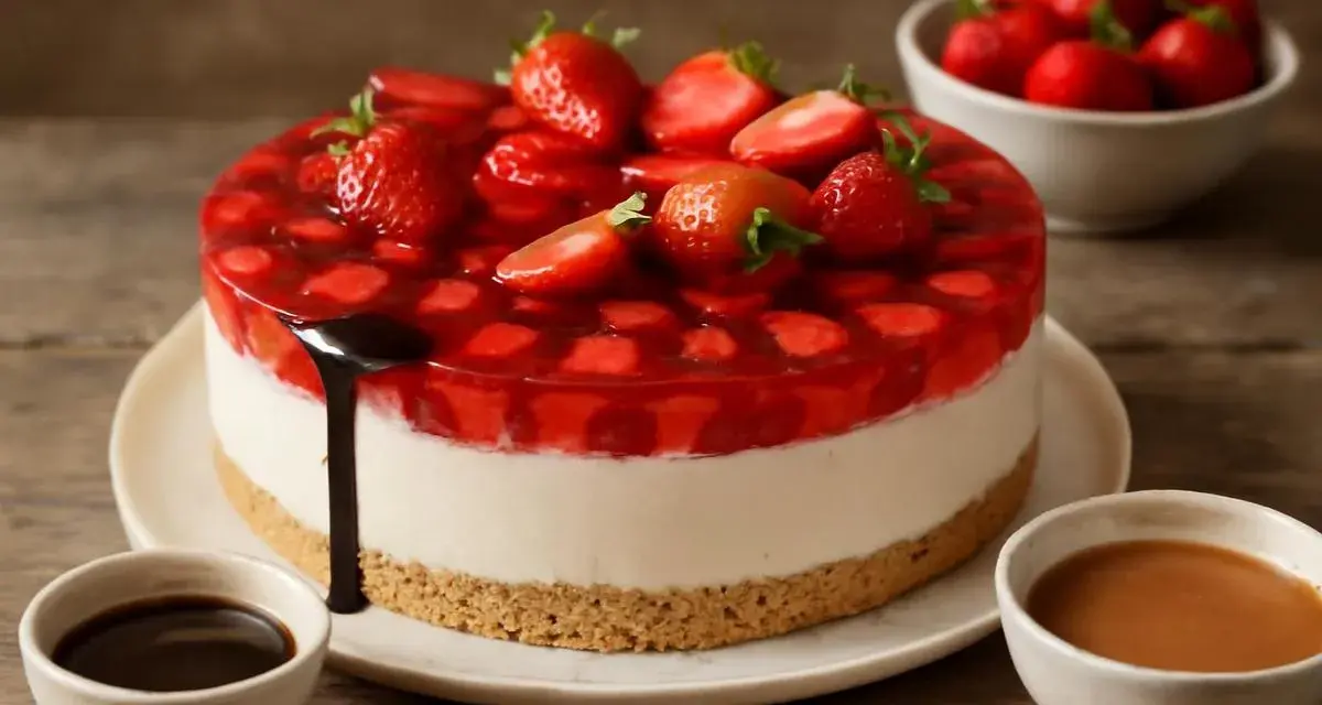 Deliciosa tarta de fresa con cobertura de gelatina y fresas frescas. Un postre perfecto para cualquier ocasión.