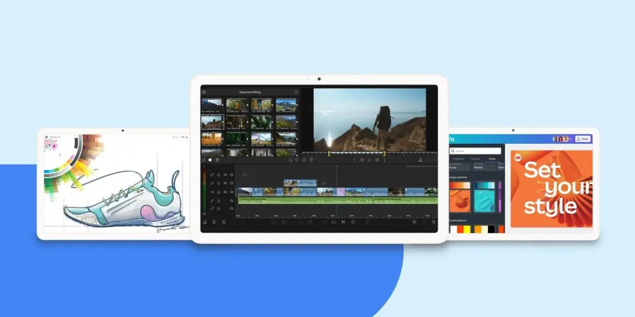 Drei Tablets zeigen Apps für Design, Videobearbeitung und Grafikgestaltung.