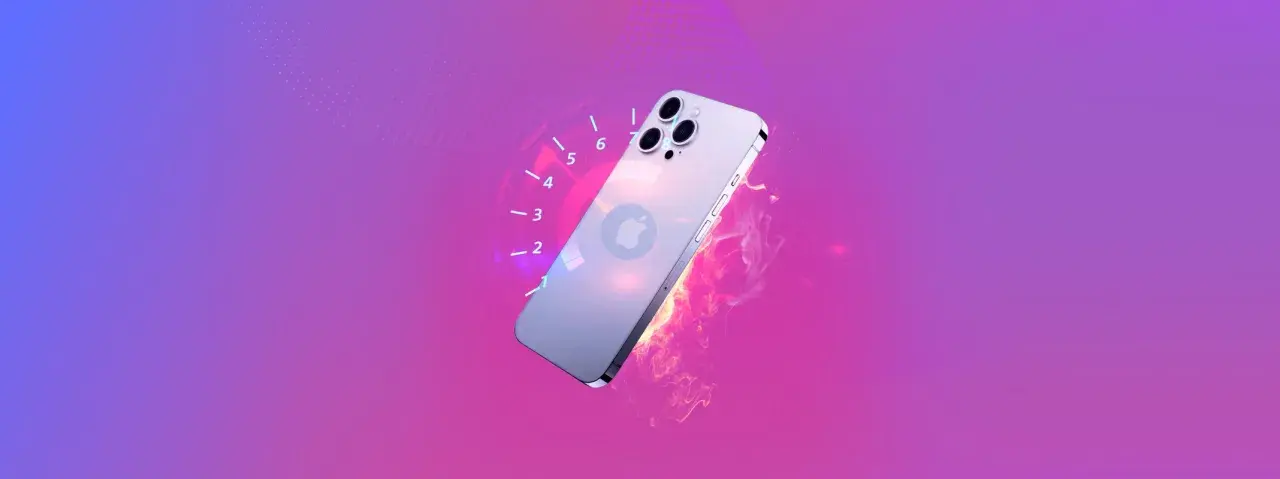 En iPhone 12 som inte laddar, med en hastighetsmätare och eld-effekter som symboliserar problemet.