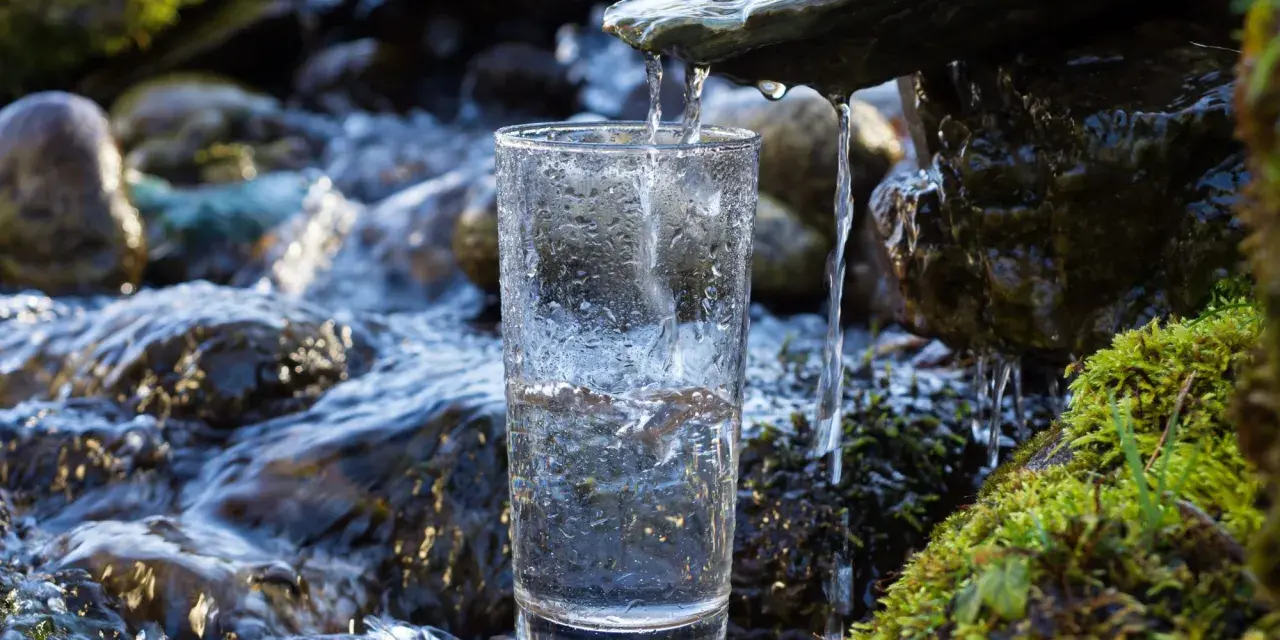 Ein Glas wird unter einem kleinen Wasserfall gefüllt. Die Frage, ob man quellwasser trinken kann, wird hier visuell beantwortet.
