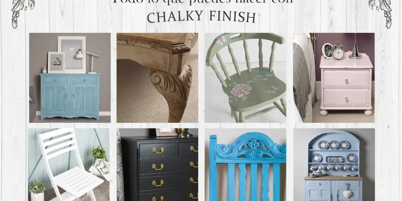 Muebles renovados con chalk paint: cómoda azul, silla decorada, mesita de noche rosa, cómoda negra, cabecero azul y aparador.