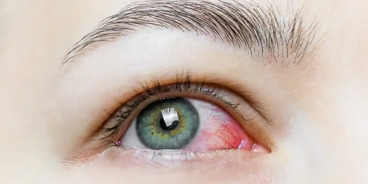 Occhio rosso e irritato, con evidente infiammazione. Possibili sintomi di infezione oculare.